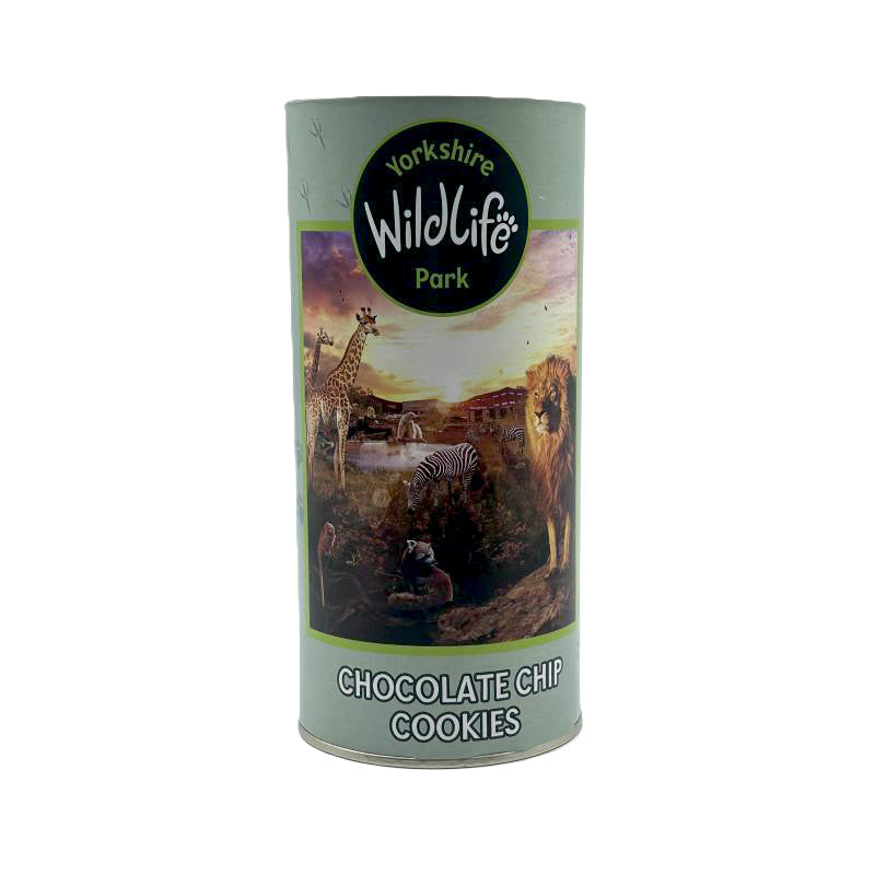 Tube of Yorkshire Wildlife Park chocolate chip cookies with animal illustrations on a white background