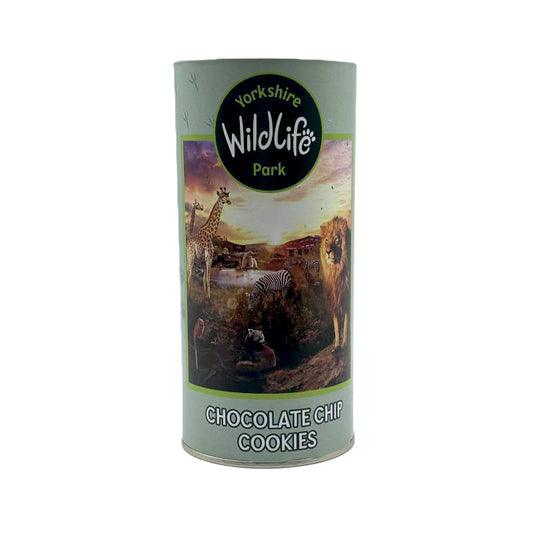Tube of Yorkshire Wildlife Park chocolate chip cookies with animal illustrations on a white background