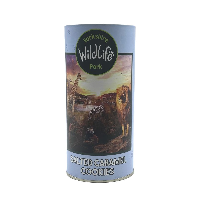 tube of Yorkshire Wildlife Park salted caramel cookies with animal illustration on a white background