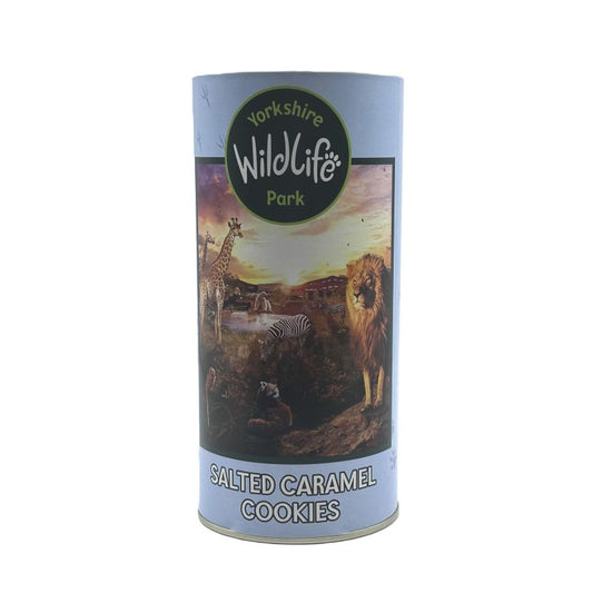tube of Yorkshire Wildlife Park salted caramel cookies with animal illustration on a white background