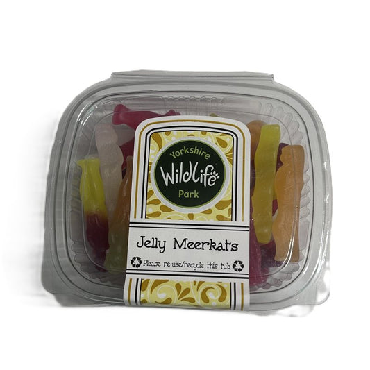 Packaged jelly meerkats with a Yorkshire Wildlife Park label on a white background