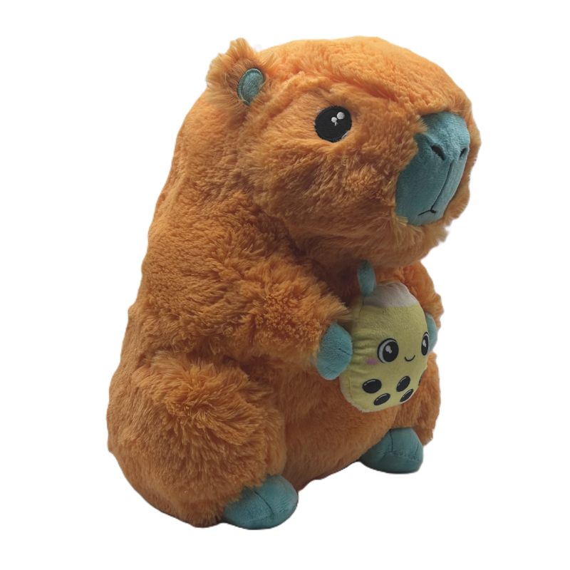 Plush toy with a larger orange capybara holding a smaller yellow creature with black spots on a white background