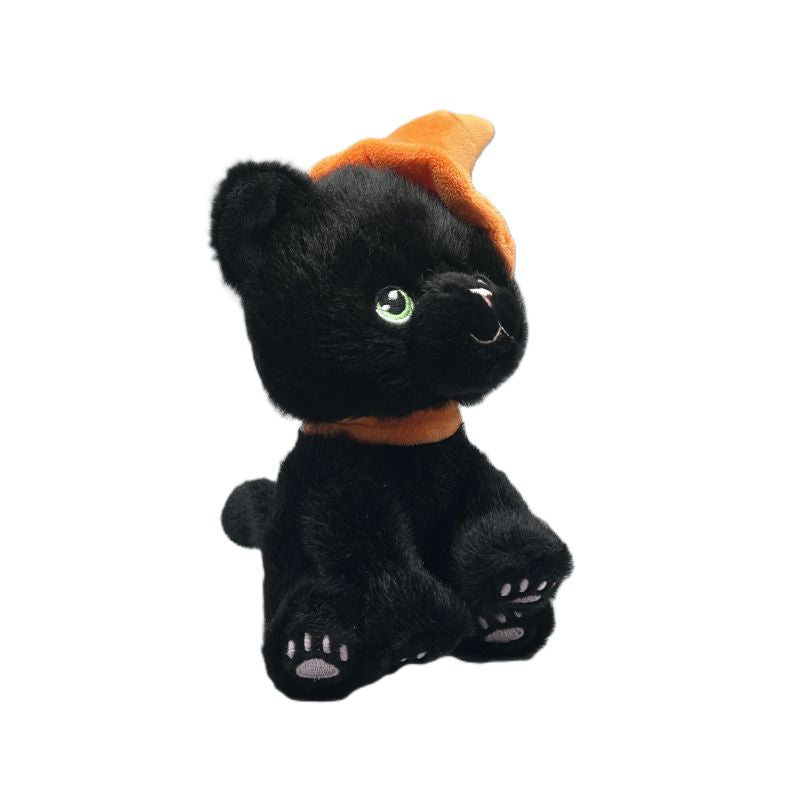 Black cat halloween plush toy with an orange witch hat on a white background