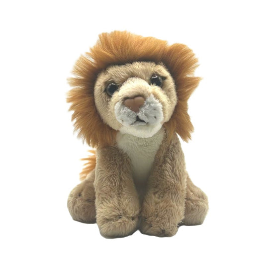 lion small soft toy 15cm with beige and white plush and a brown mane  on a white background