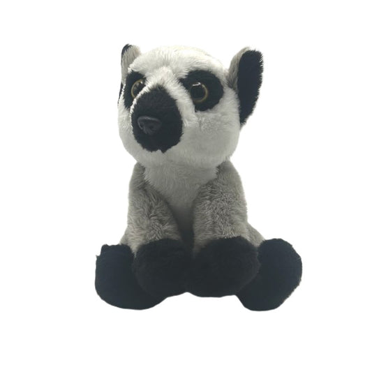 lemur small soft toy 15cm with grey white and black plush and a stripy tail on a white background