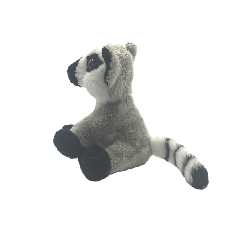 lemur small soft toy 15cm with grey white and black plush and a stripy tail on a white background