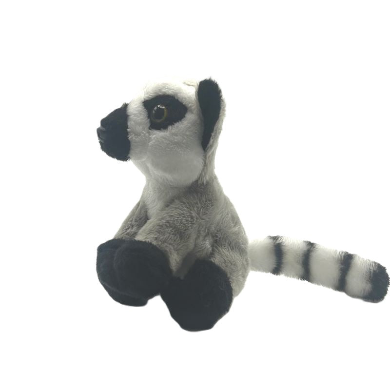 lemur small soft toy 15cm with grey white and black plush and a stripy tail on a white background