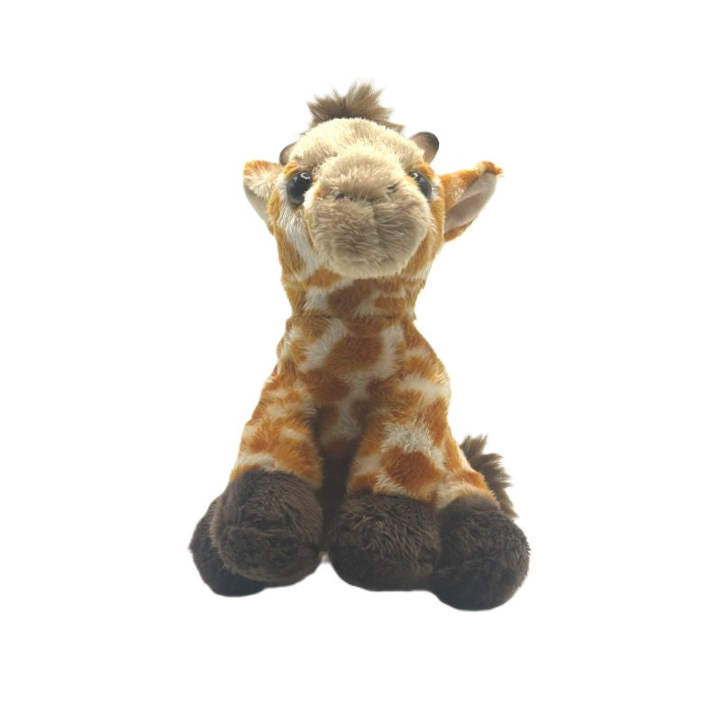 giraffe small soft toy 15cm with yellow spotted plush and brown feet and tail on a white background