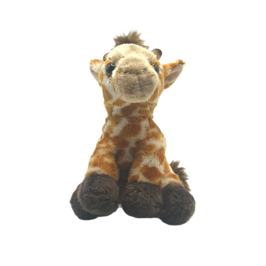 giraffe small soft toy 15cm with yellow spotted plush and brown feet and tail on a white background