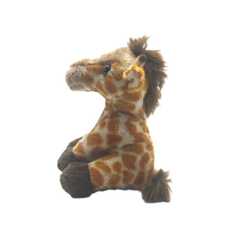 giraffe small soft toy 15cm with yellow spotted plush and brown feet and tail on a white background