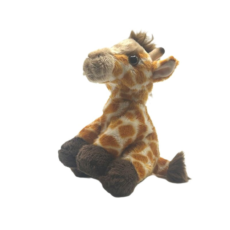 giraffe small soft toy 15cm with yellow spotted plush and brown feet and tail on a white background