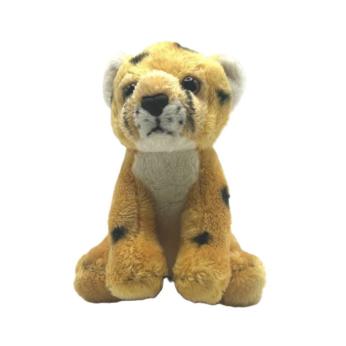cheetah small soft toy 15cm with yellow and white plush with black spots on a white background
