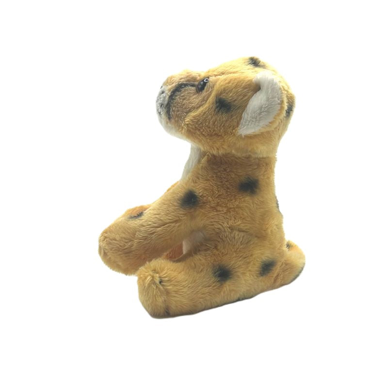cheetah small soft toy 15cm with yellow and white plush with black spots on a white background