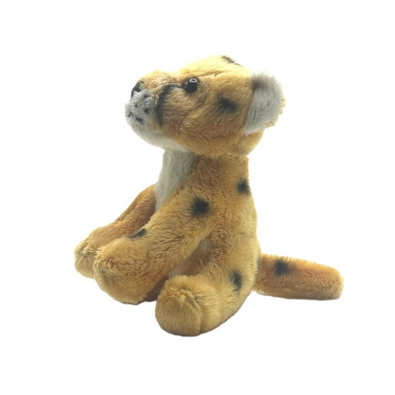 cheetah small soft toy 15cm with yellow and white plush with black spots on a white background