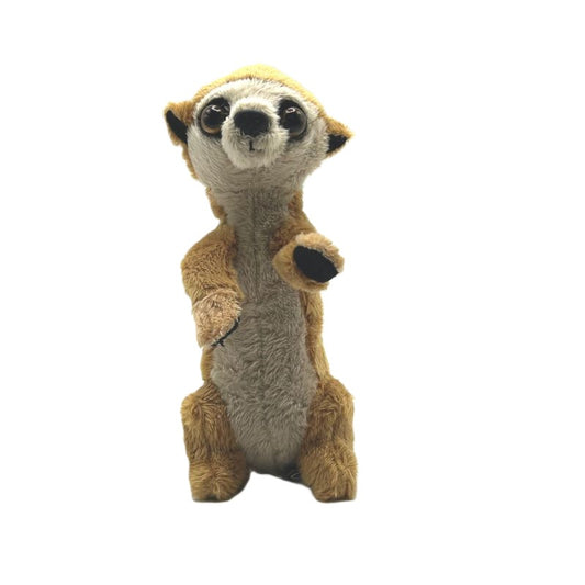 meerkat small soft toy 15cm with beige and white plush and black paws on a white background