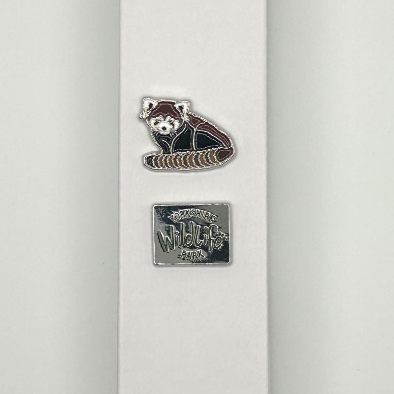 yorkshire wildlife park pin badge set with red panda pin and logo pin