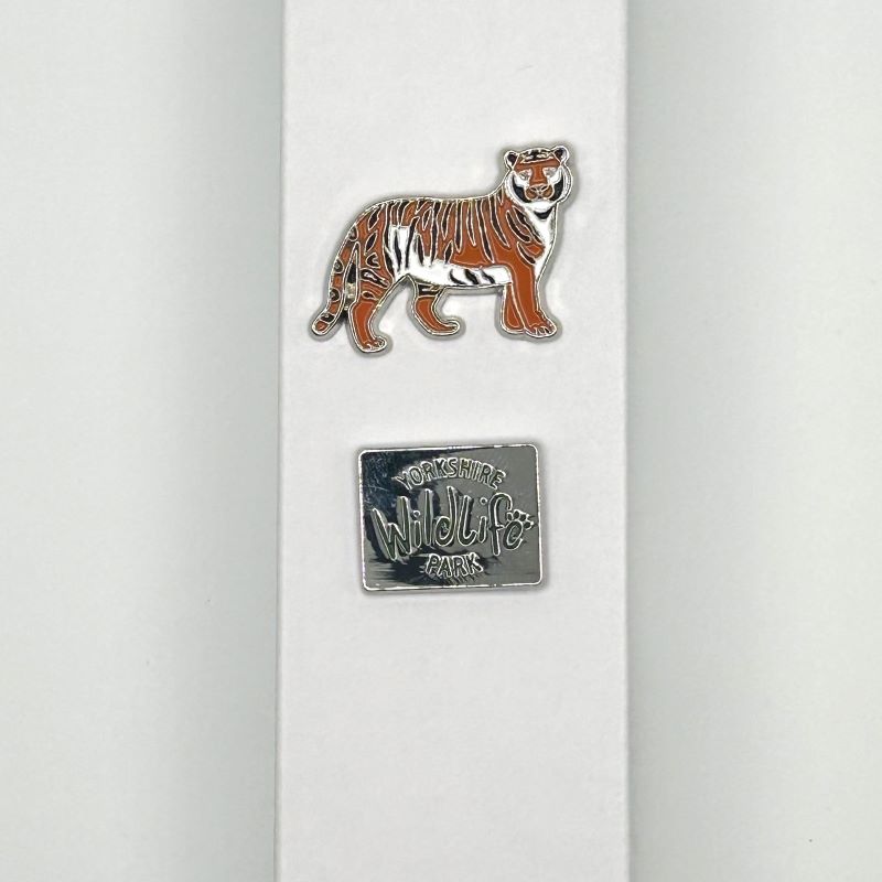 yorkshire wildlife park pin badge set with tiger pin and logo pin