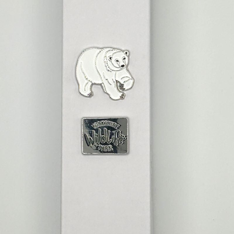 yorkshire wildlife park pin badge set with polar bear pin and logo pin