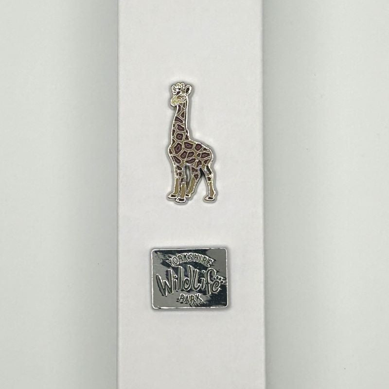 yorkshire wildlife park pin badge set with giraffe pin and logo pin