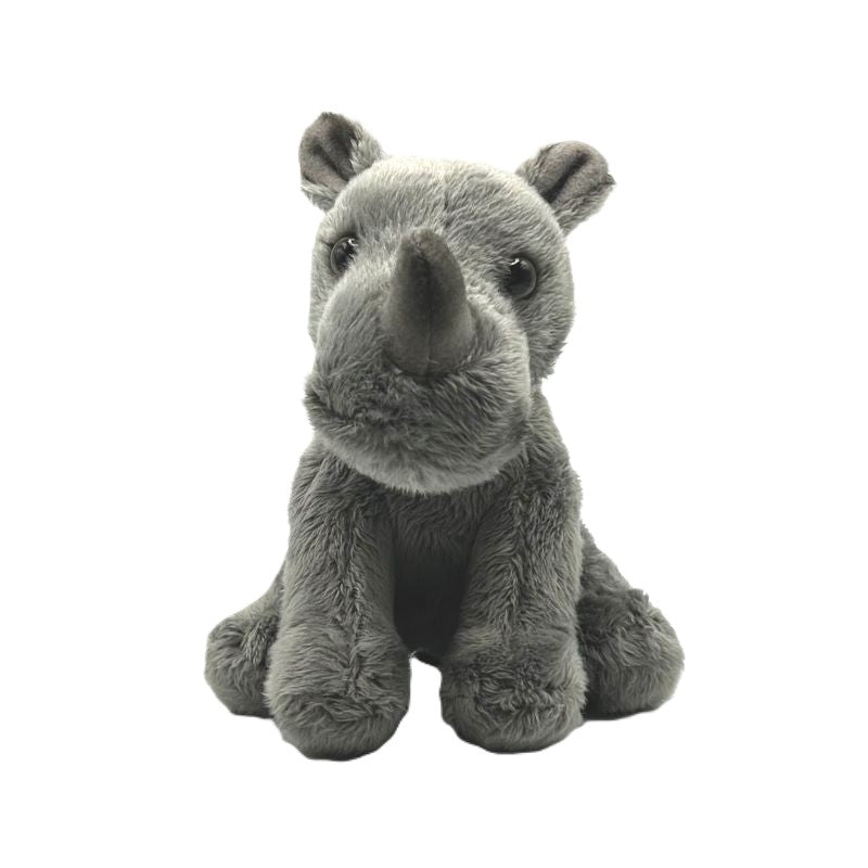 rhino small soft toy 15cm with grey plush on a white background