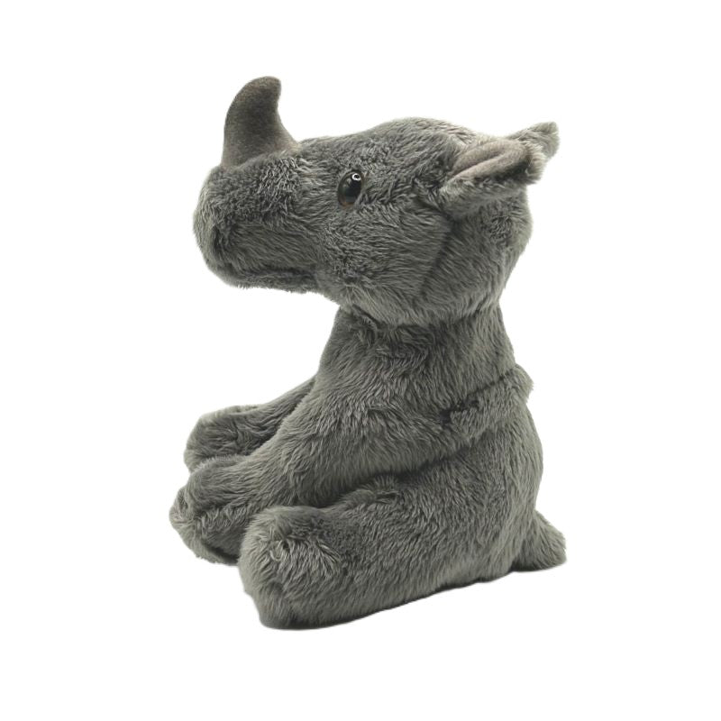 rhino small soft toy 15cm with grey plush on a white background