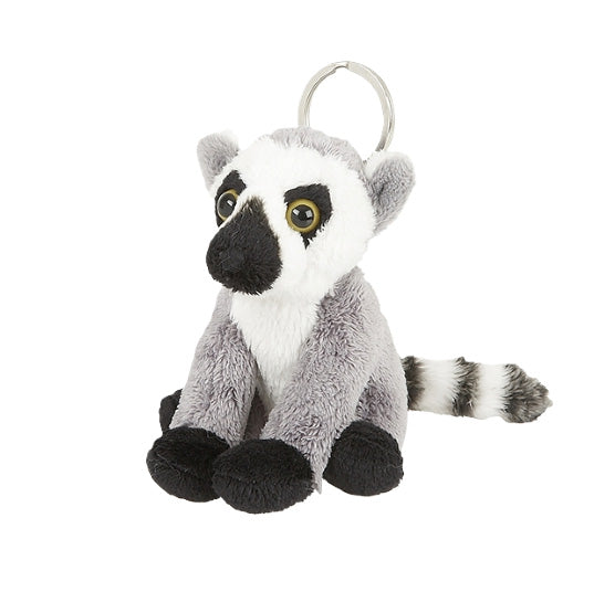 Plush toy lemur with a keyring on a white background