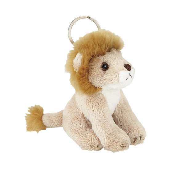 Plush lion toy with a keyring on a white background
