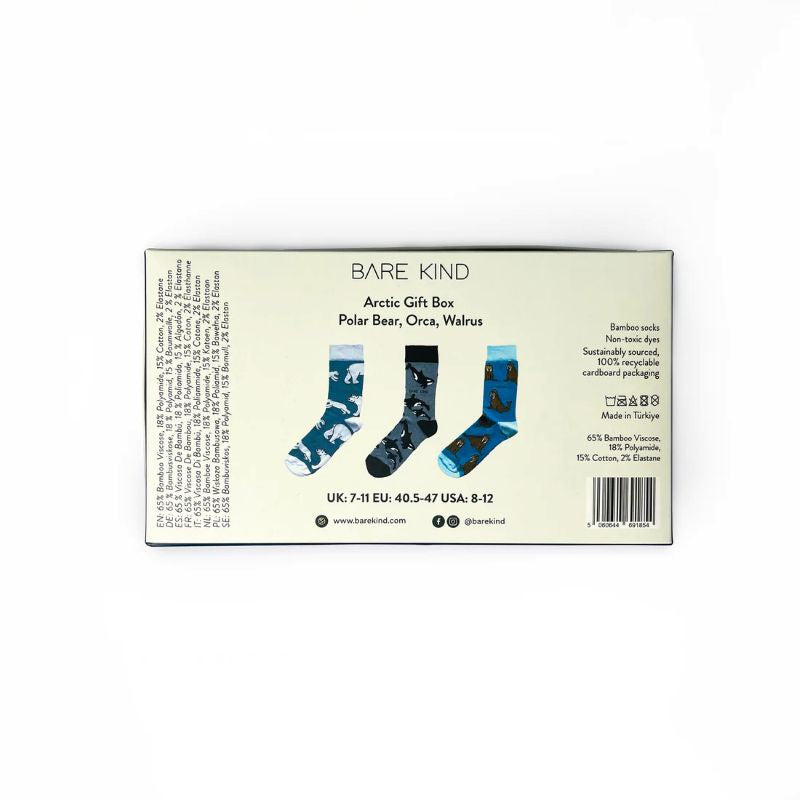 Box of Bare Kind socks featuring polar bear, orca, and walrus designs on a white background.