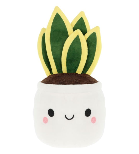 A plush toy resembling a plant with green leaves and a smiling face in a white pot.