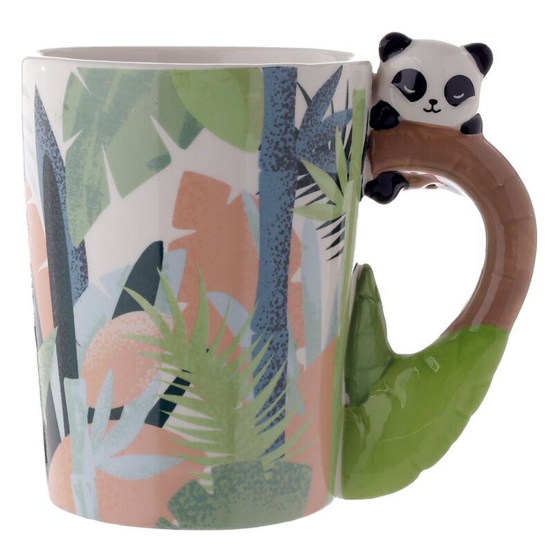 A ceramic mug with a colorful plant pattern and a panda-shaped handle.