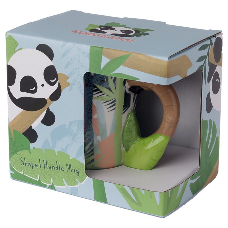 A ceramic mug with a colourful plant pattern and a panda-shaped handle packaged in cardboard.