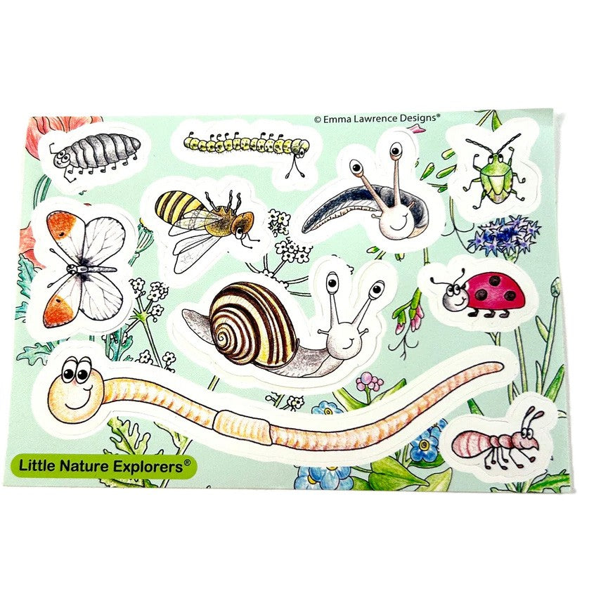 Sticker set with various insects and nature-themed design on a green background, featuring 'Little Nature Explorers' branding.