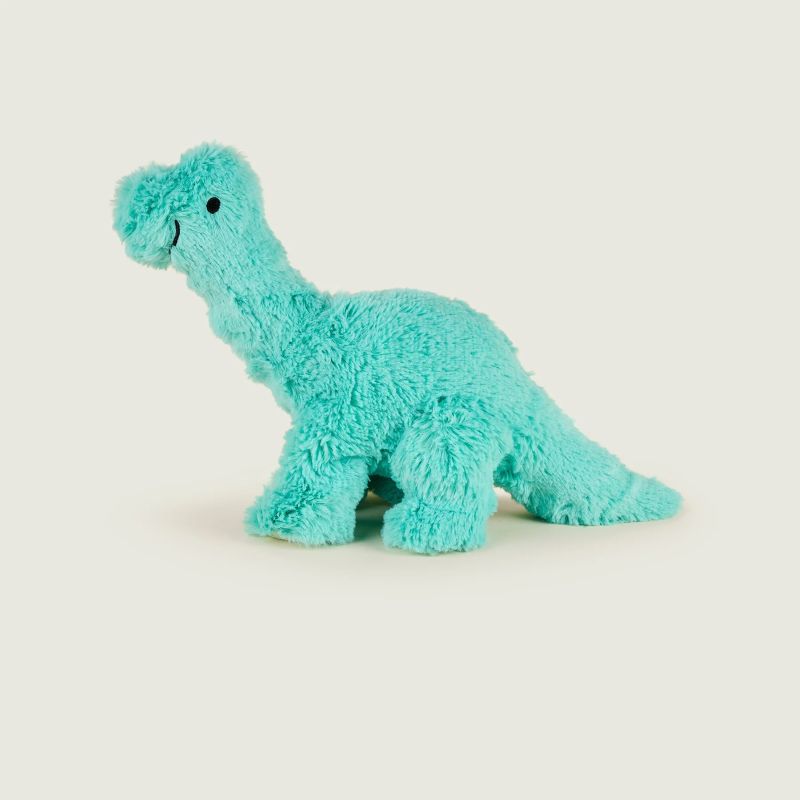 A plush toy resembling a Brachiosaurus, which is blue in colour, with a soft texture, designed to be heatable and scented with lavender.