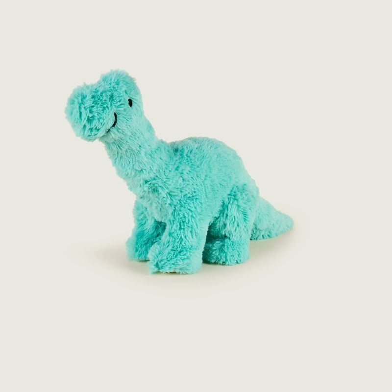 A plush toy resembling a Brachiosaurus, which is blue in colour, with a soft texture, designed to be heatable and scented with lavender.