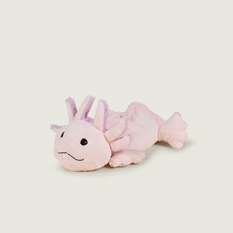 Pink and purple axolotl plush toy on a beige background heatable filled with lavender