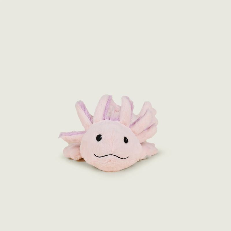 Pink and purple axolotl plush toy on a beige background heatable filled with lavender