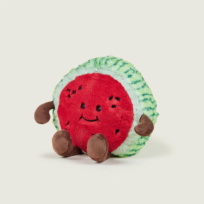 A plush toy resembling a watermelon with a smiling face, green rind, and brown arms.