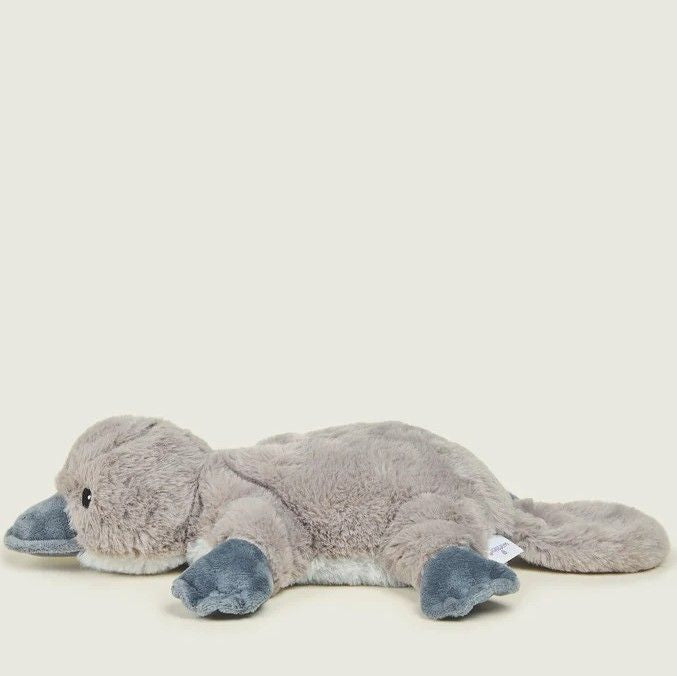 A plush toy resembling a platypus, primarily in gray color, with a soft and microwavable design.