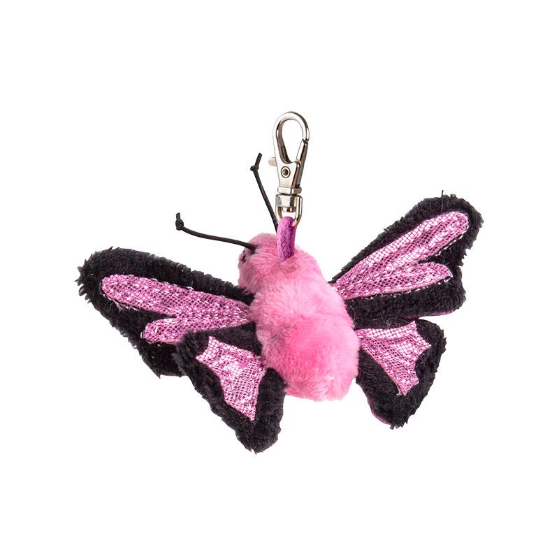 Pink butterfly keychain with black wings on a white background
