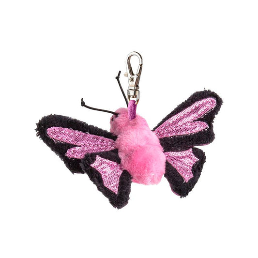 Pink butterfly keychain with black wings on a white background