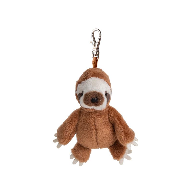 Plush sloth keychain with a clip on a white background