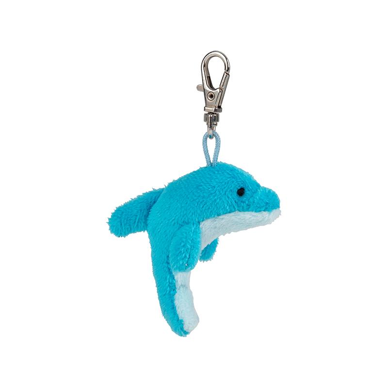 Blue dolphin plush keychain with a metal clip on a white background