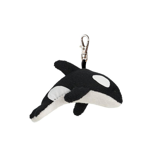 Plush orca whale keychain on a white background