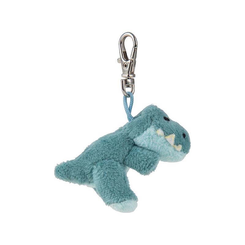 Plush dinosaur t rex keychain with a clip on a white background