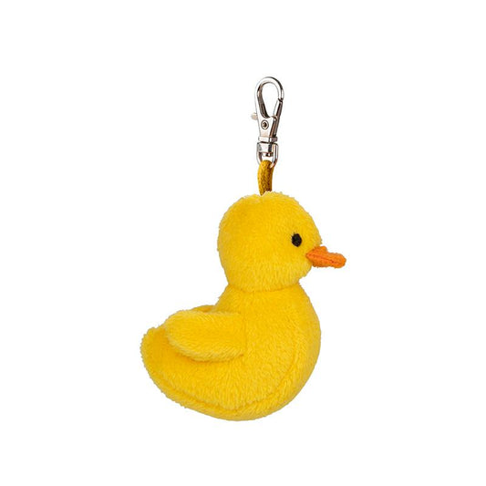 Yellow duck keychain with a clip on a white background