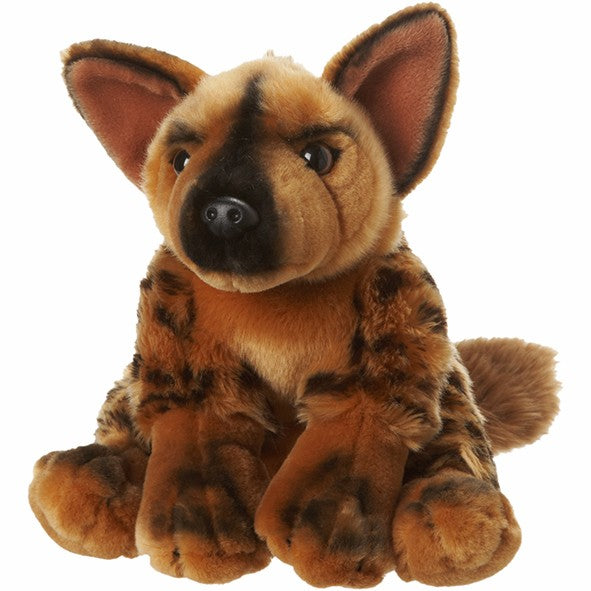 Plush toy hyena on a white background