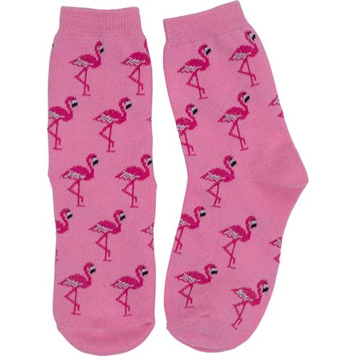 A pair of pink kids socks with flamingo patterns.