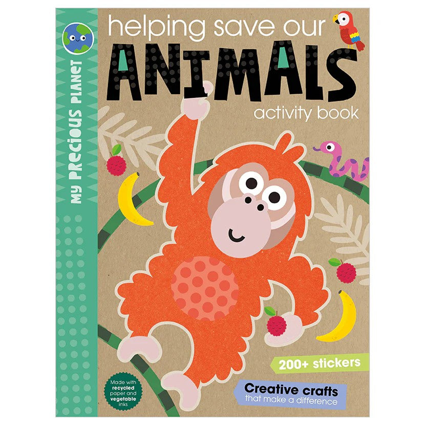 Activity book cover with an orangutan illustration and text about saving animals.