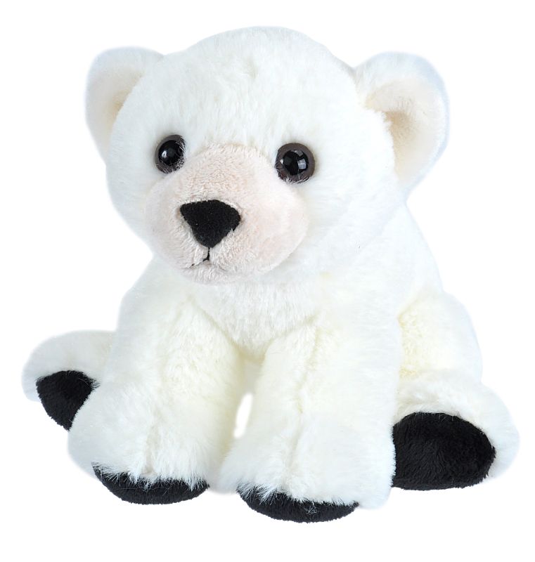 White plush polar bear with black paws and nose on a white background
