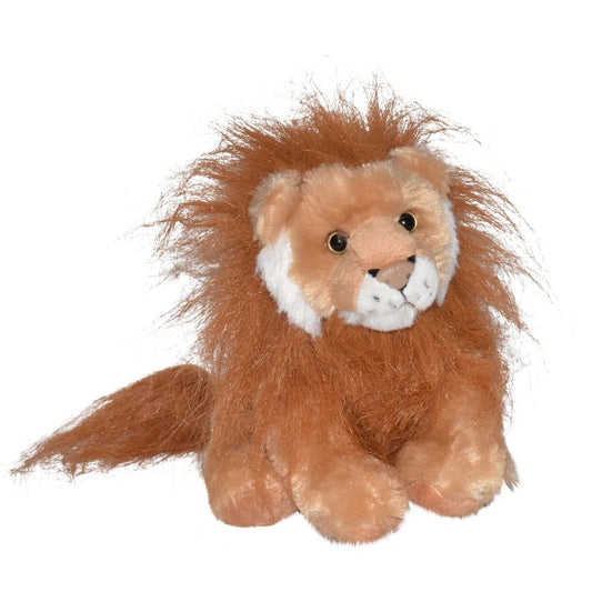 A plush lion toy with a fluffy orange-brown mane, white muzzle and neck border, and small embroidered eyes, photographed on a plain white background.